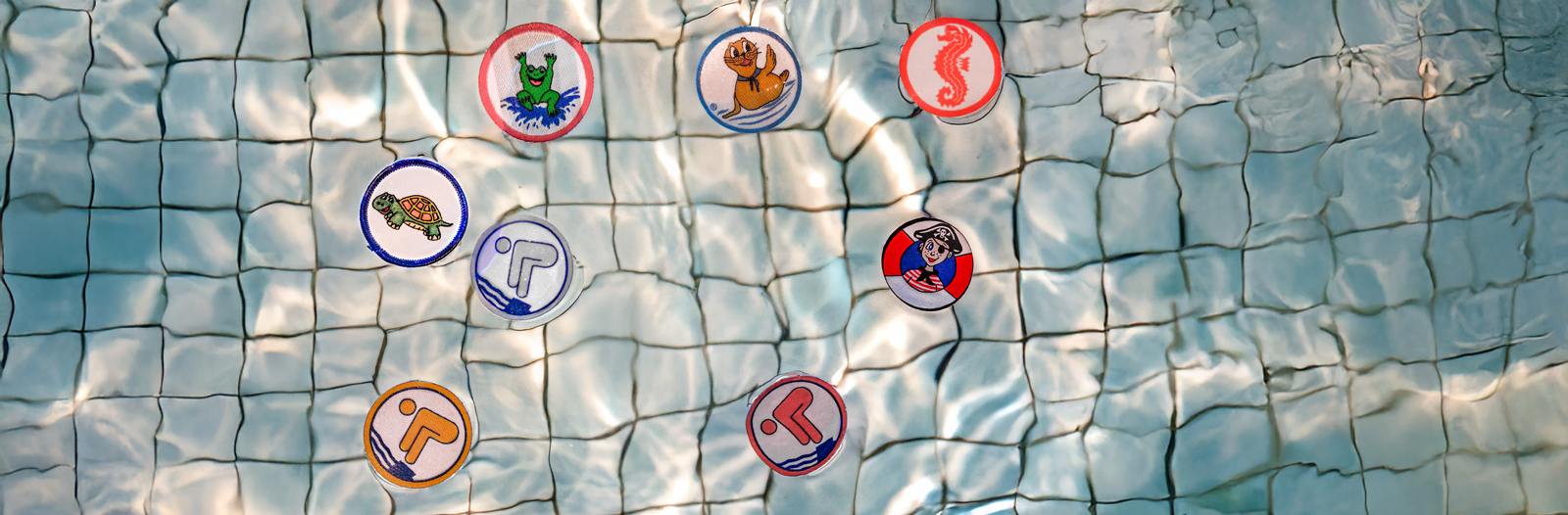 Schwimmabzeichen im Wasser: Schildkröte, Frosch,Bobby, Seepferdchen, Seeräuber, Bronze, Silber, Gold